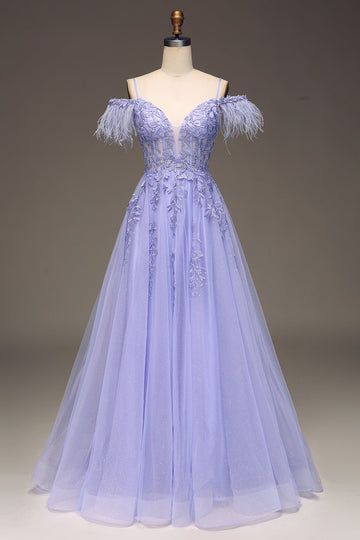 Vestido de fiesta con corsé lila de hombros fríos de una línea con apliques